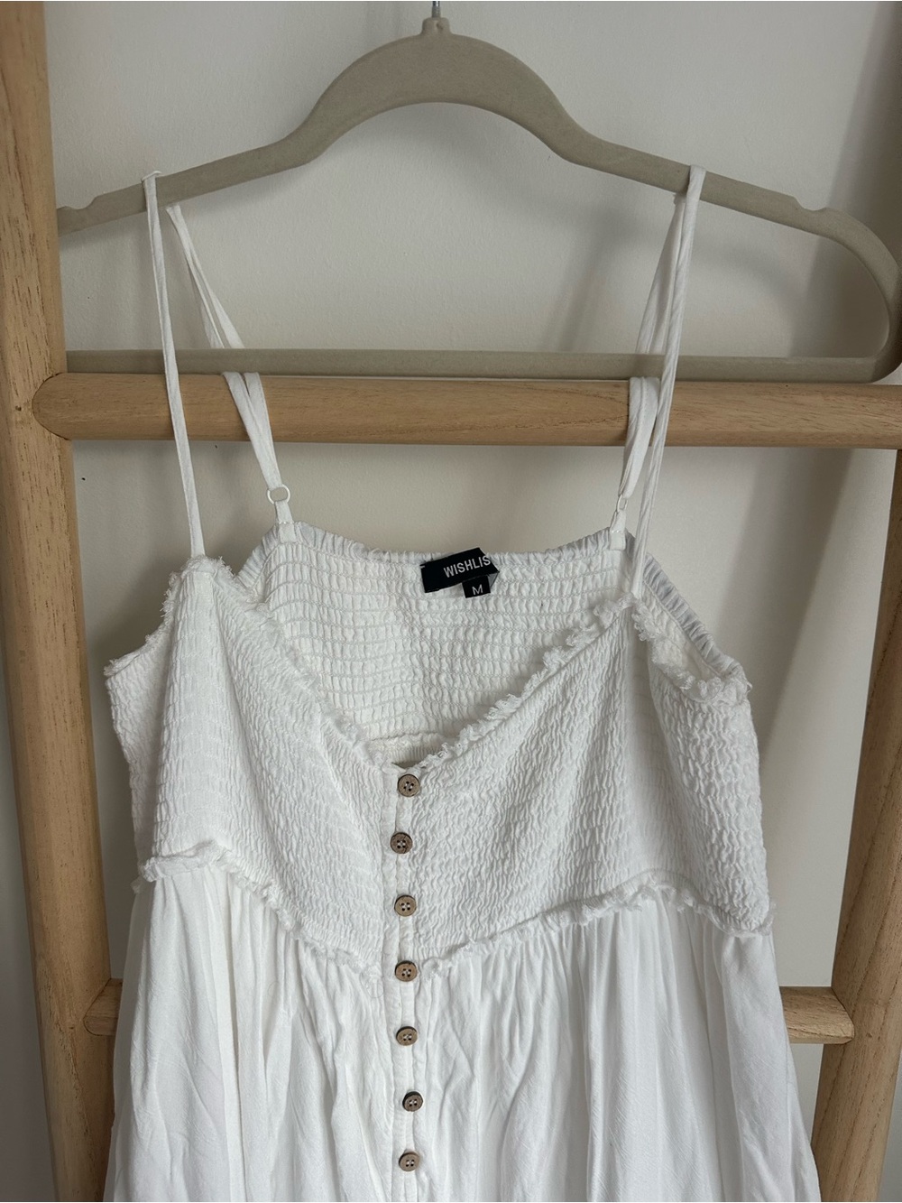 White Smocked Maxi Dress with Button Front - Picture 3 of 6
